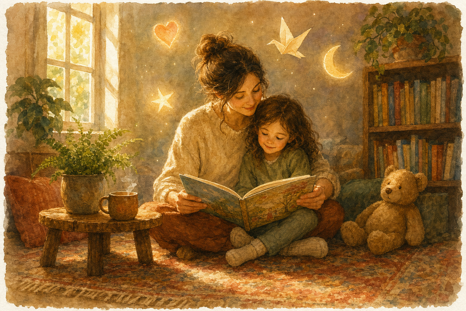 A parent and child reading a finished picture book together.