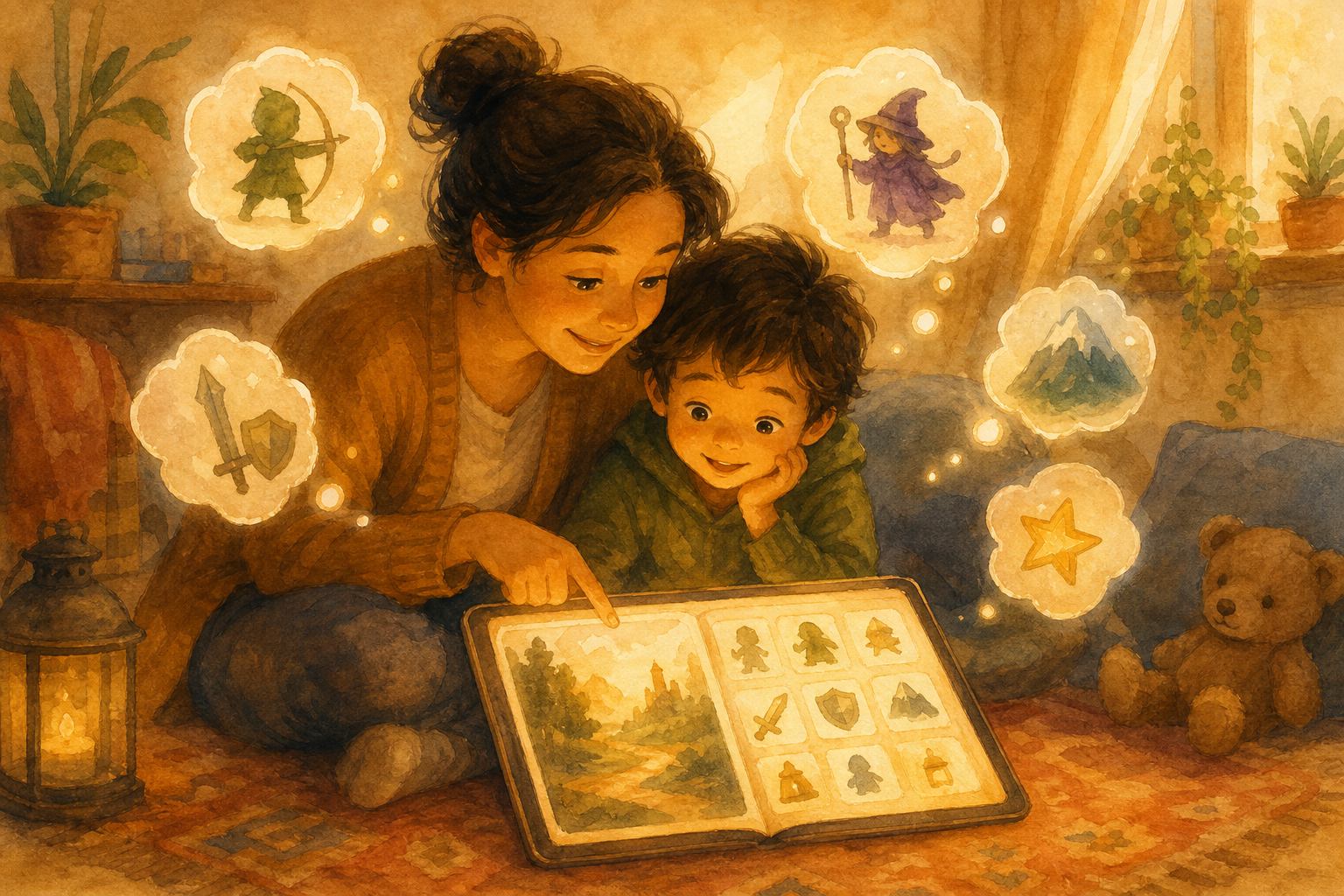 A parent and child choosing story direction together on a glowing book with floating story icons.
