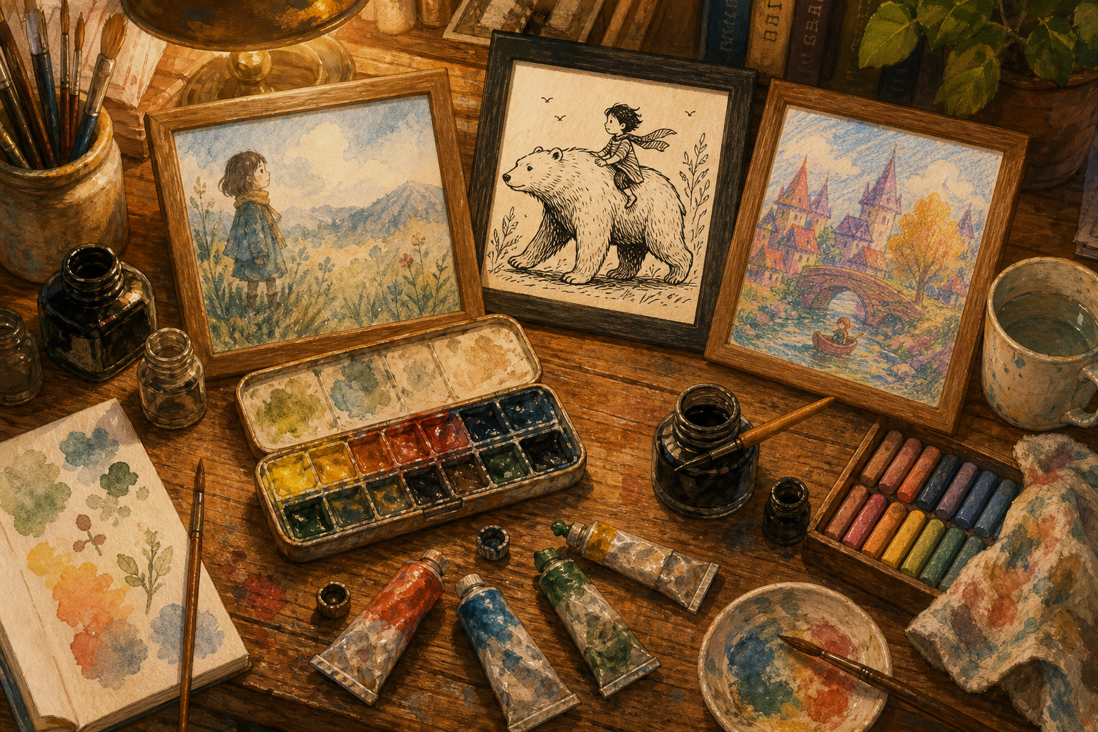 An illustrator's desk with three framed sample illustrations in different art styles.